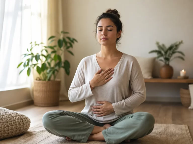 Een serene scène waarin een vrouw bewust ademt in een rustige, warme ruimte.