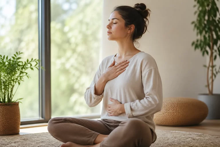 Een serene sfeer waarin bewuste ademhaling helpt om spanning los te laten en innerlijke rust terug te vinden.