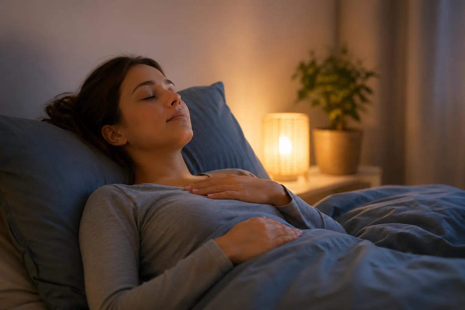 Een kalme avondsfeer die helpt ontspannen met zachte ademhalingsoefeningen voor een betere nachtrust.