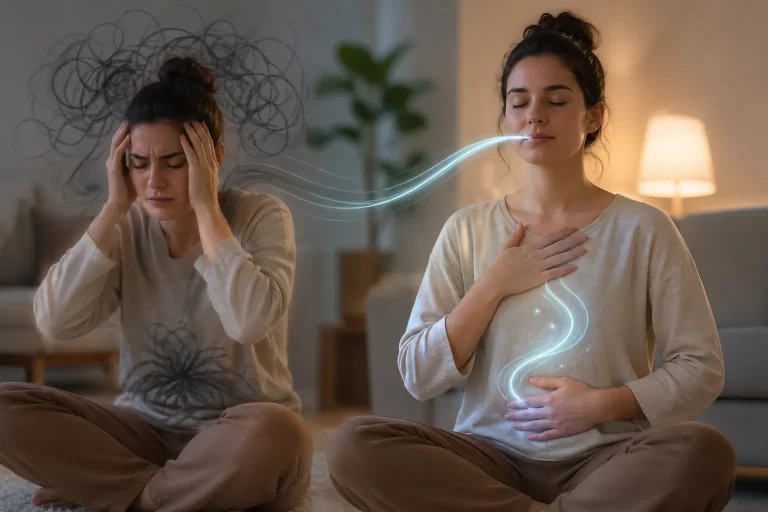 Een rustig moment van ademhaling en ontspanning wanneer het lichaam gespannen aanvoelt.