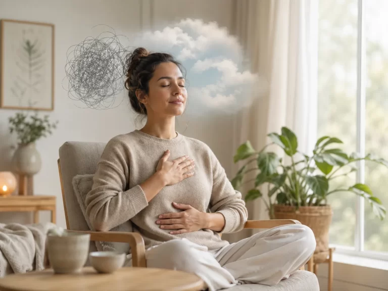 Een kalm moment van bewuste ademhaling helpt om gedachten los te laten en terug te keren naar rust.