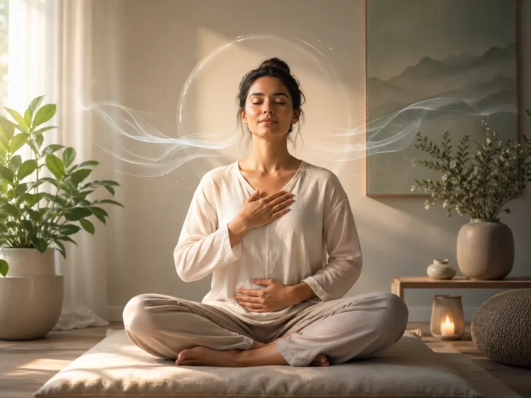 Een kalm moment van bewuste ademhaling voor ontspanning, balans en nieuwe focus.