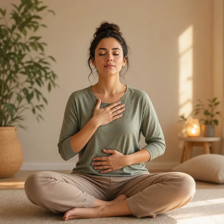 Een rustige visuele sfeer rond ontspanning, ademhaling en innerlijke kalmte.