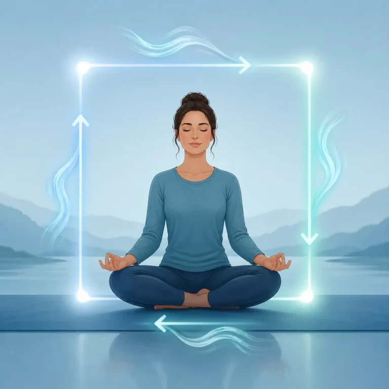 Een kalme illustratie van vier gelijke ademhalingsstappen, weergegeven met een lichtgevend vierkant en zachte luchtstromen.