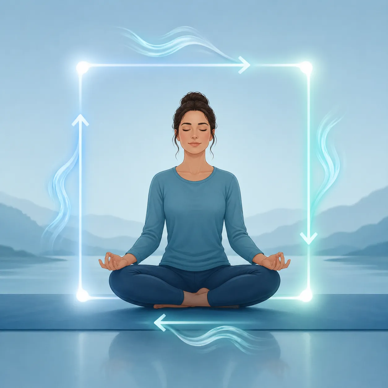 Een kalme illustratie van vier gelijke ademhalingsstappen, weergegeven met een lichtgevend vierkant en zachte luchtstromen.