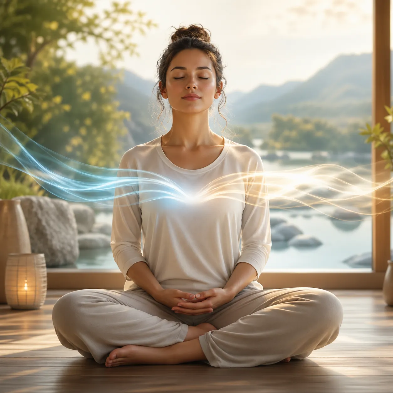 Rustig en gelijkmatig ademen voor innerlijke balans en ontspanning.