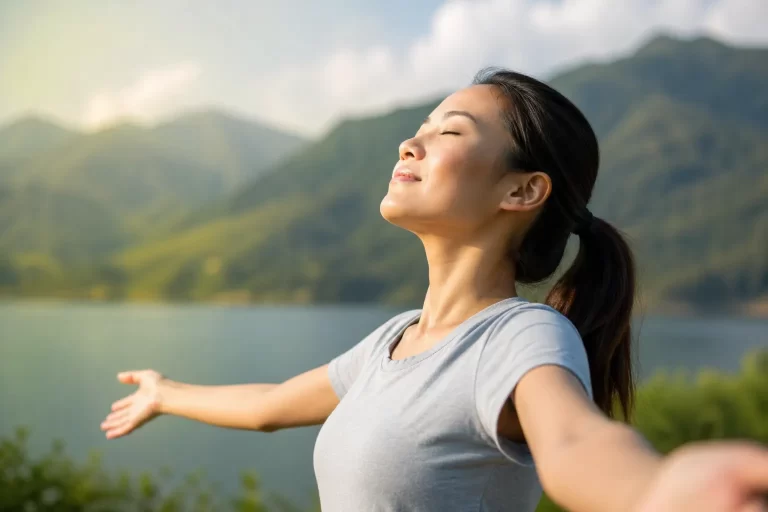 Een kalm en helder beeld dat laat zien hoe bewust ademen helpt om spanning te verminderen en meer ontspanning te voelen.