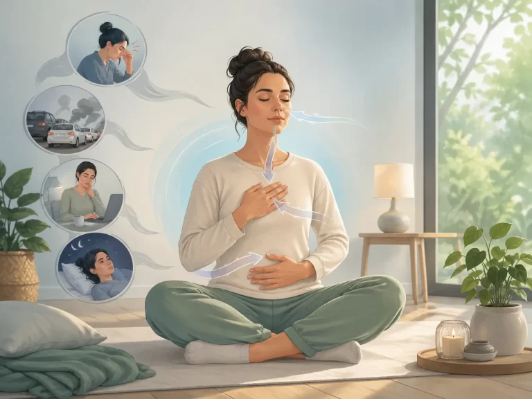 Een kalme illustratie over het herkennen van verkeerde ademhaling en het oefenen van rustige, bewuste ademhaling.