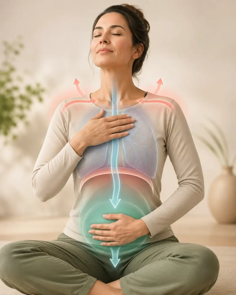 Een kalme illustratie van bewuste ademhaling, waarbij de adem zacht van de borst naar de buik wordt geleid.