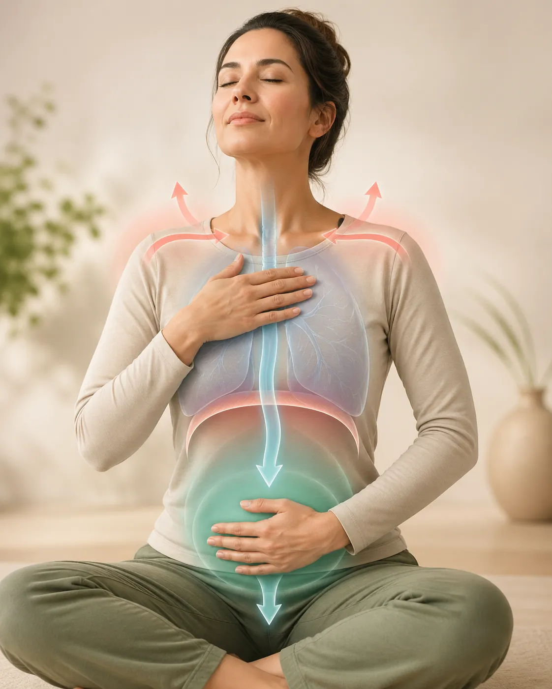 Een kalme illustratie van bewuste ademhaling, waarbij de adem zacht van de borst naar de buik wordt geleid.