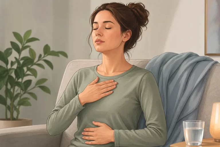 Een kalme illustratie over veilig en voorzichtig vertragen van de ademhaling bij hyperventilatie.