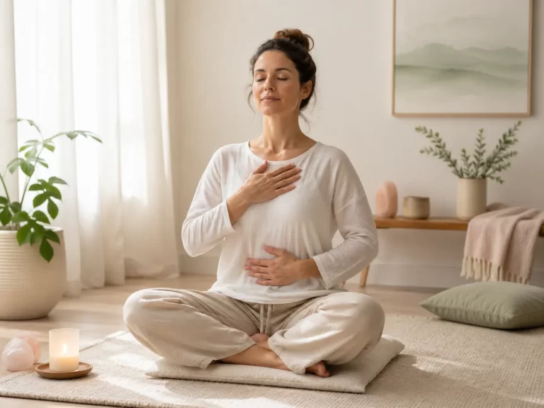 Een serene scène met een vrouw die bewust ademt, zittend in een rustige ruimte met zacht licht en natuurlijke kleuren.
