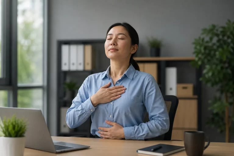 Een rustige kantoorpauze met eenvoudige ademhalingsoefeningen voor meer focus en ontspanning.
