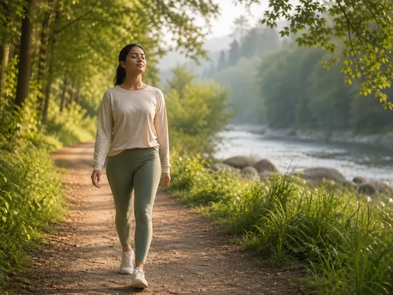 Een rustige wandeling in de natuur om met bewuste ademhaling ontspanning en balans te vinden.