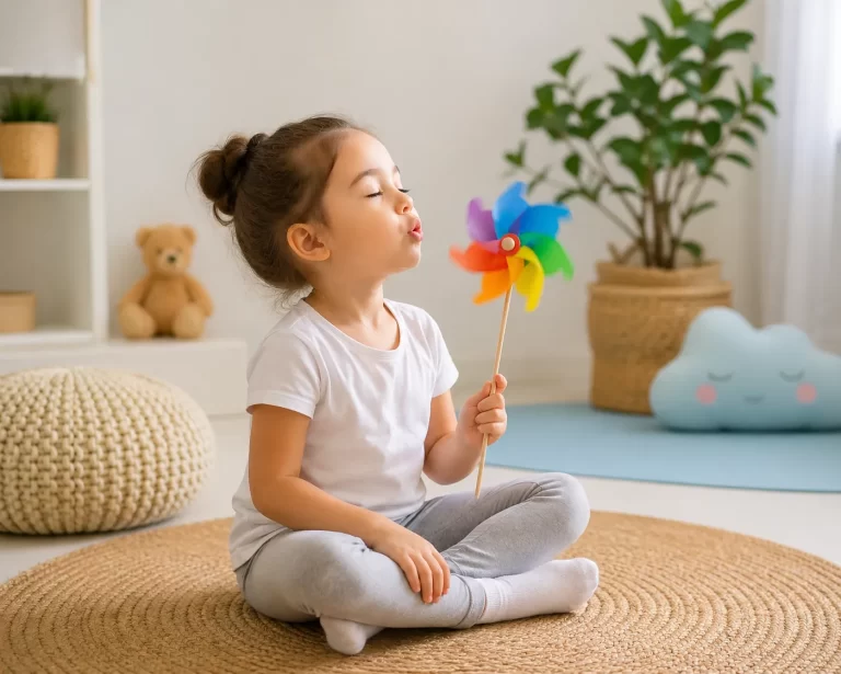 Een zachte, vrolijke scène waarin kinderen op een speelse manier leren rustig en bewust te ademen.