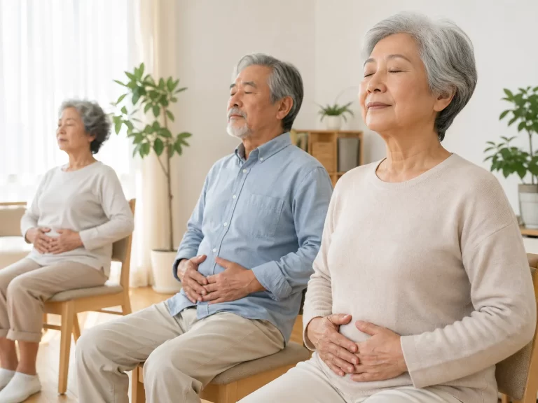 Ouderen oefenen zittend en ontspannen ademhaling in een lichte, veilige ruimte.
