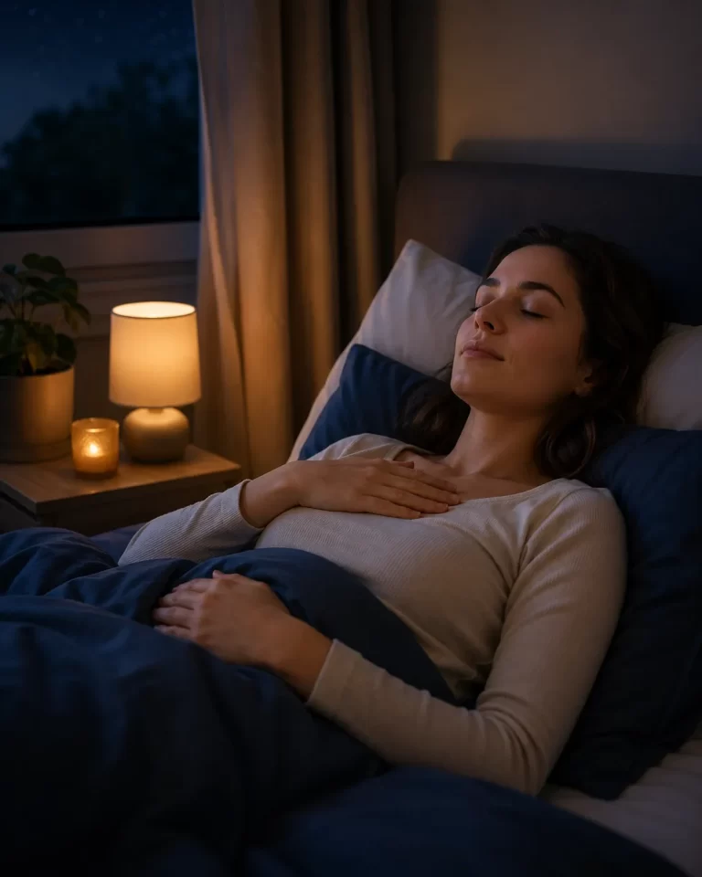 Een ontspannen moment in bed met zachte verlichting, gericht op kalm ademen en tot rust komen voor het slapengaan.