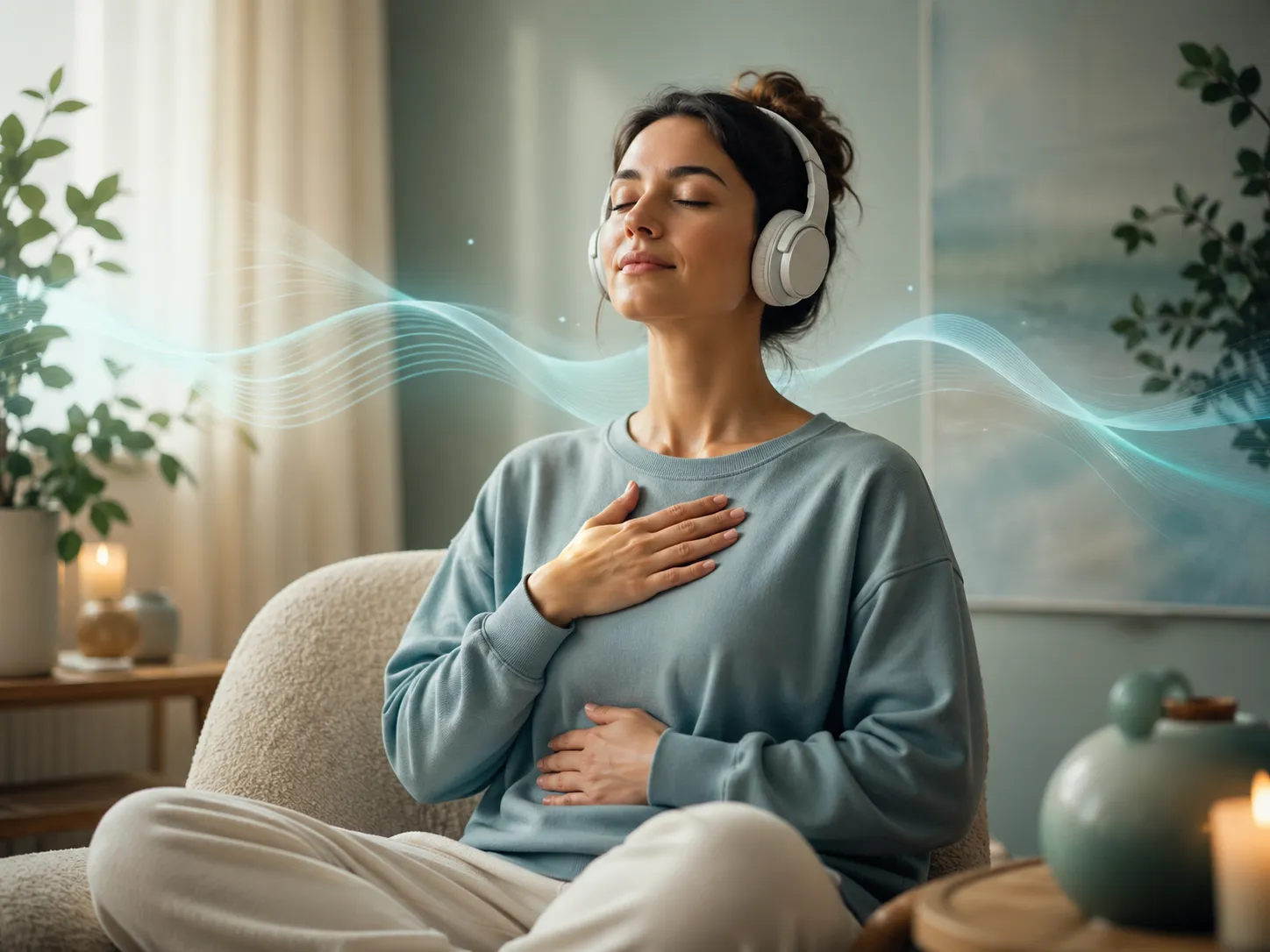 Rustige ademhalingsoefening met koptelefoon in een kalme, sfeervolle ruimte.